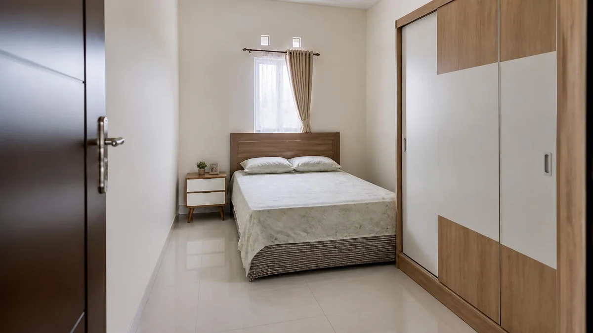 Kamar rumah tipe kecil dengan pintu berhadapan dengan kasur