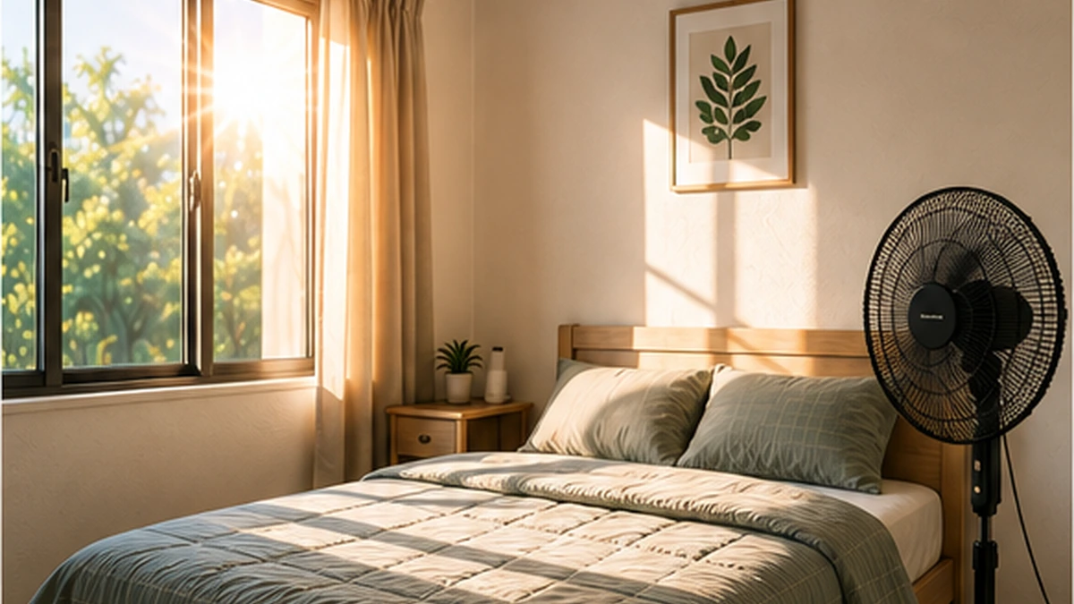 Kamar tidur panas dan pengap dengan kipas dan jendela