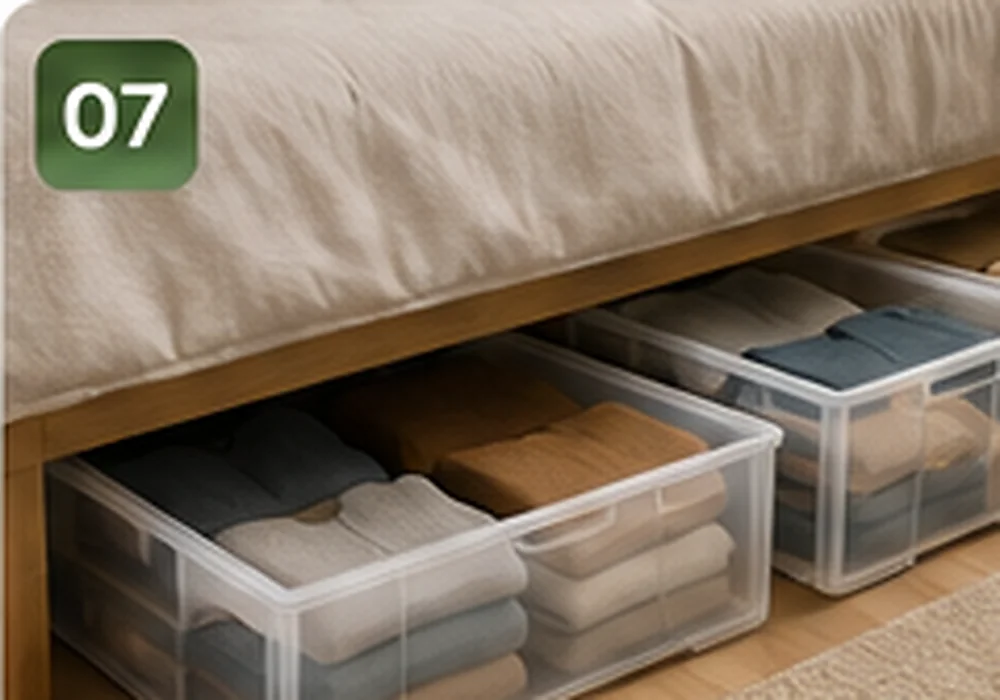 Kotak penyimpanan memanfaatkan ruang bawah tempat tidur — contoh untuk langkah 1