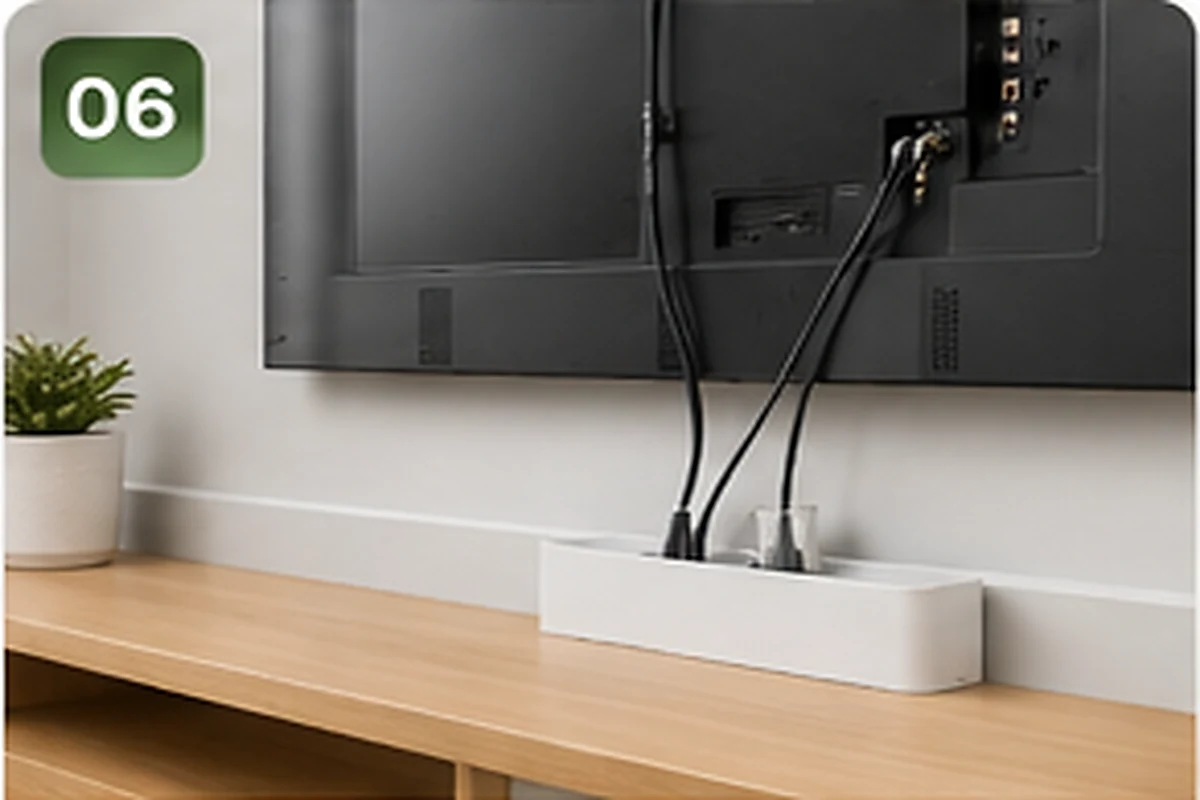 Kabel TV dirapikan agar area hiburan terlihat bersih