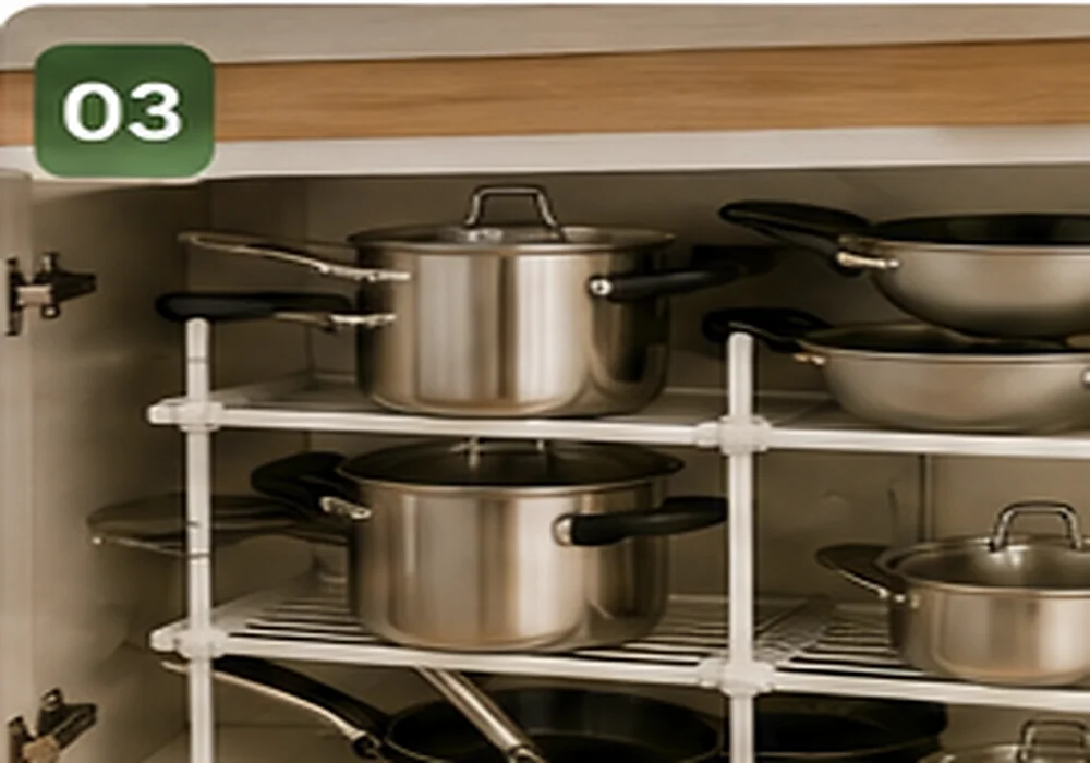 Penyimpanan panci yang lebih rapi di dapur kecil — contoh untuk langkah 1