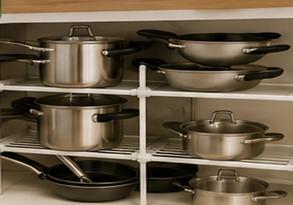 Penyimpanan panci yang lebih rapi di dapur kecil — contoh untuk langkah 4